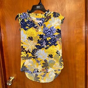 LOFT Yellow & Navy Floral Ruffle-Sleeve Blouse